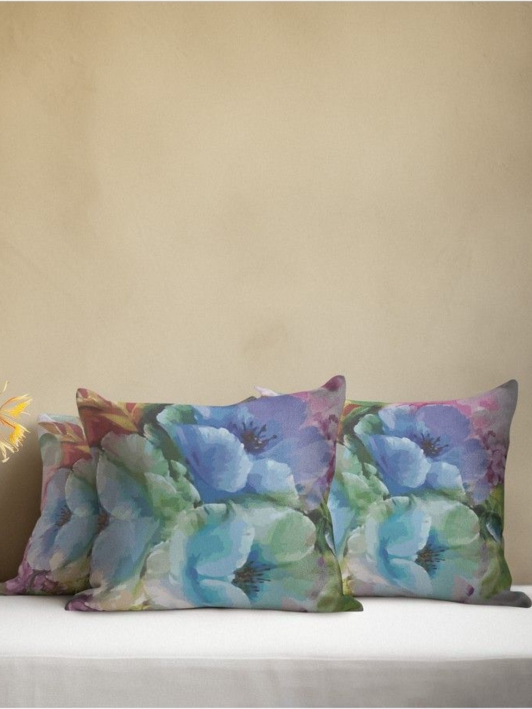 

THEYAYACAFE Blue & Purple 3 Pieces Floral Velvet Square Cushion Covers