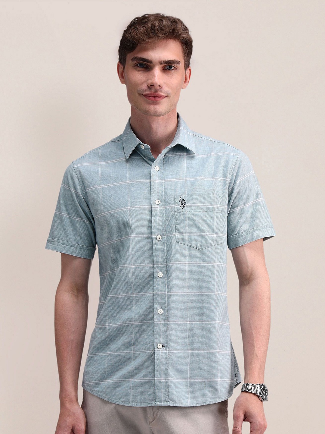 

U.S. Polo Assn. Men Classic Cutaway Collar Tartan Checked Cotton Formal Shirt, Green