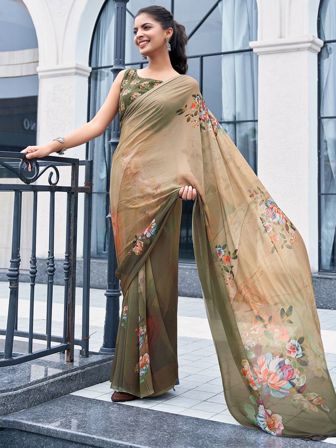 

Mitera Floral Printed Pure Georgette Muga Saree, Green