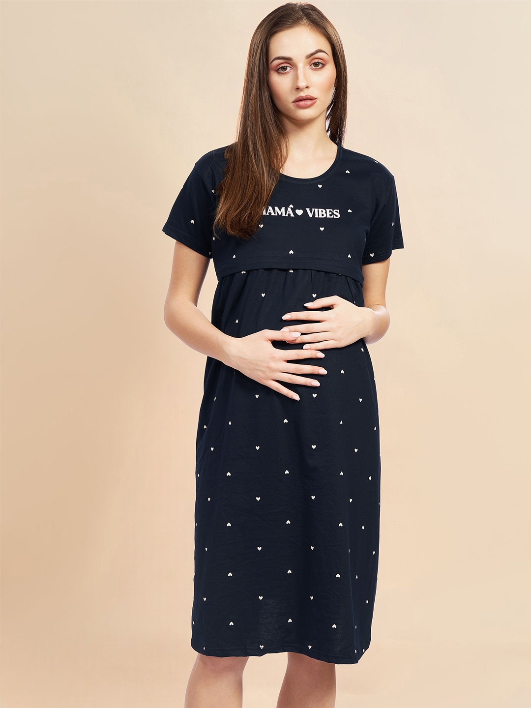 

PASTEL CLIP Heart Printed Pure Cotton Maternity T-Shirt Nightdress, Navy blue