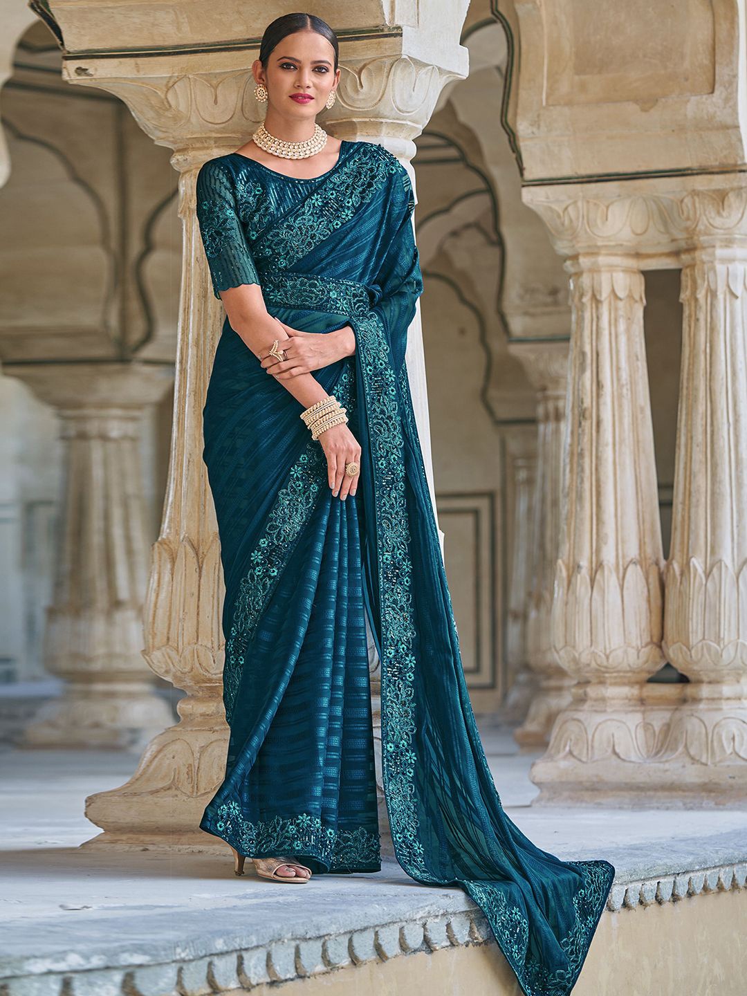 

Satrani Ethnic Motifs Sequinned Pure Chiffon Saree, Blue