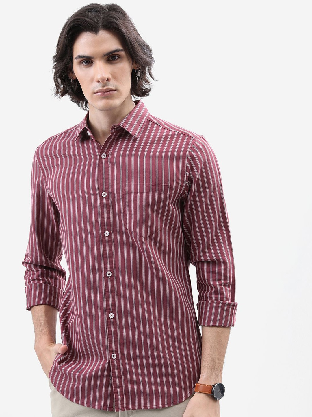 

Highlander Men Striped Burgundy Slim Fit Casual Shirt