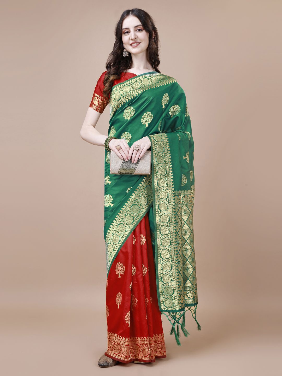 

DIVASTRI Woven Design Zari Silk Blend Half and Half Banarasi Saree, Green