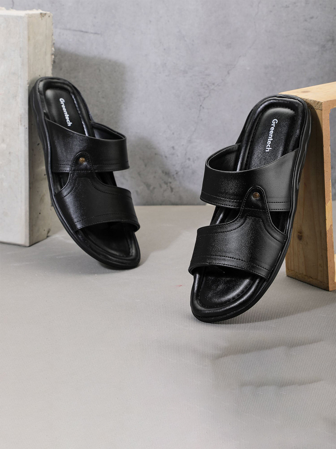 

Greentech Men Ethnic Leather Stitched Comfort Sandals, Black