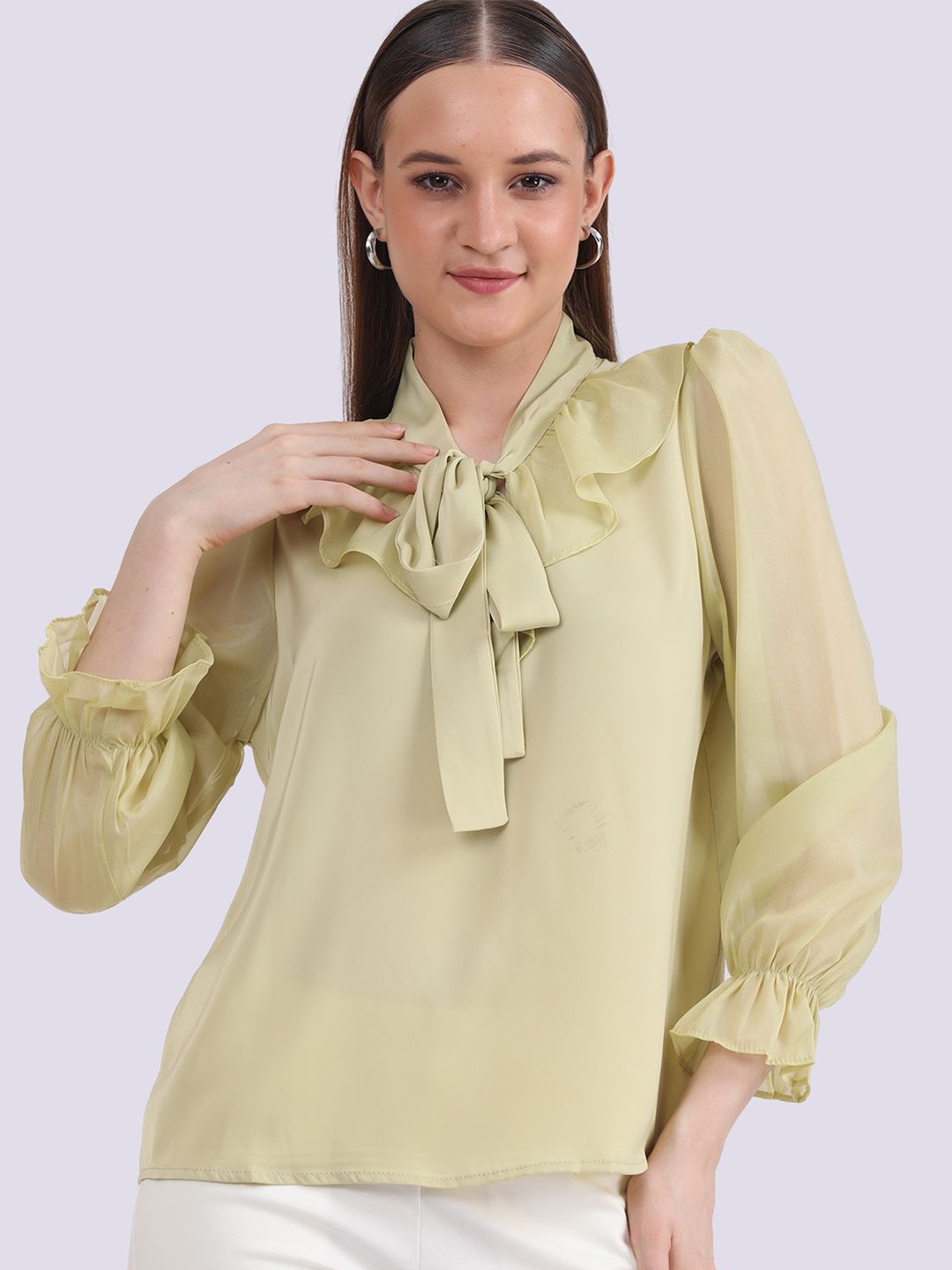 

Albion By CnM Women Solid Tie-Up Neck Top, Lime green