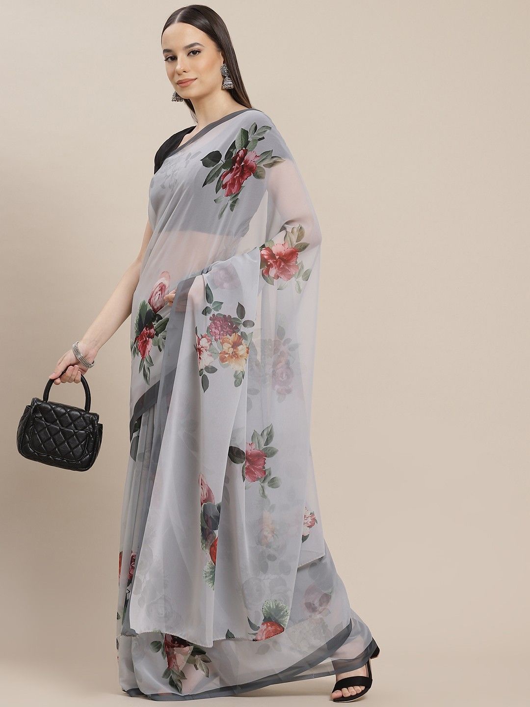 

Anouk Floral Poly Georgette Saree, Grey