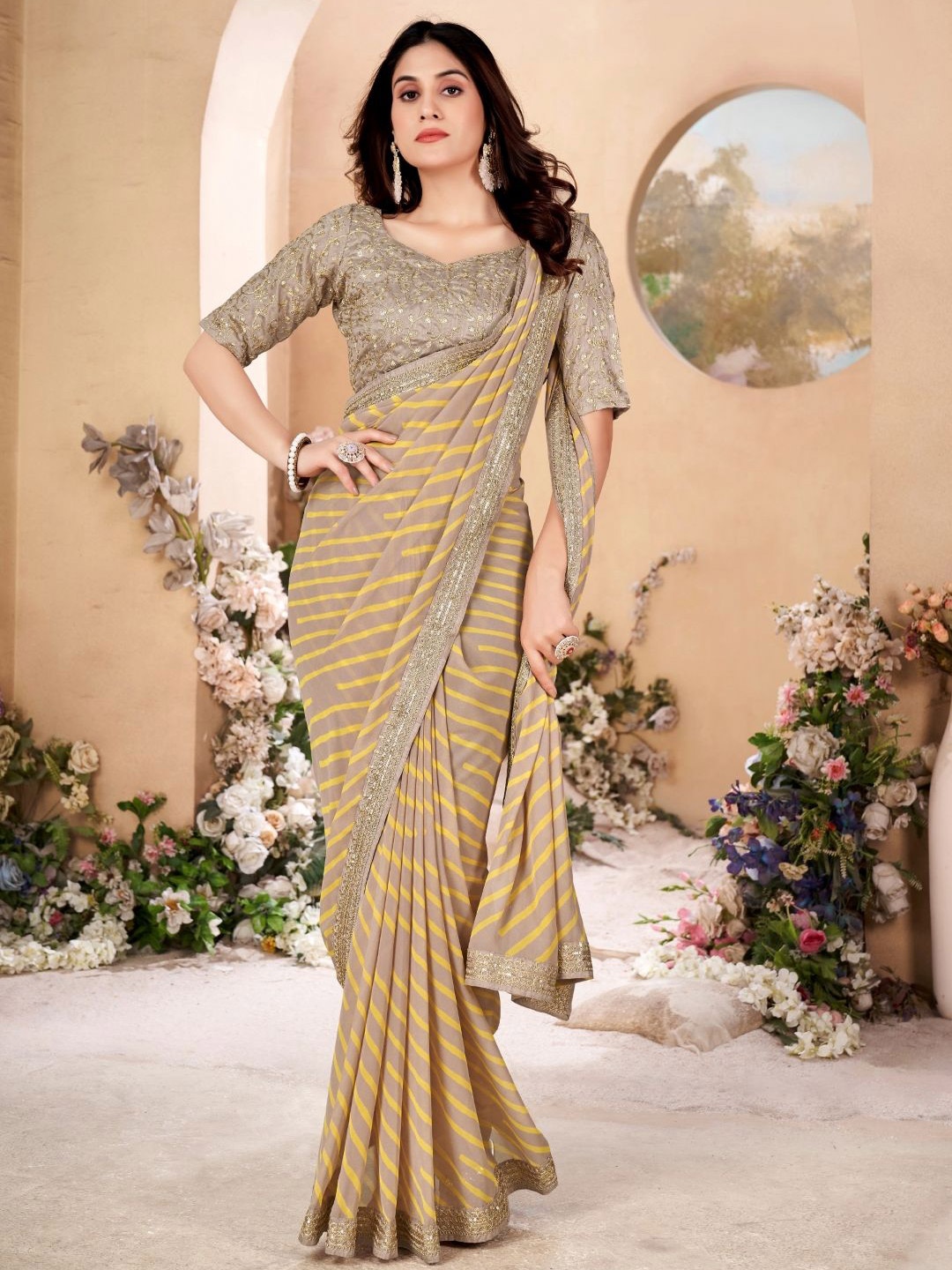 

CHUDIYA Leheriya Sequinned Pure Georgette Saree, Brown