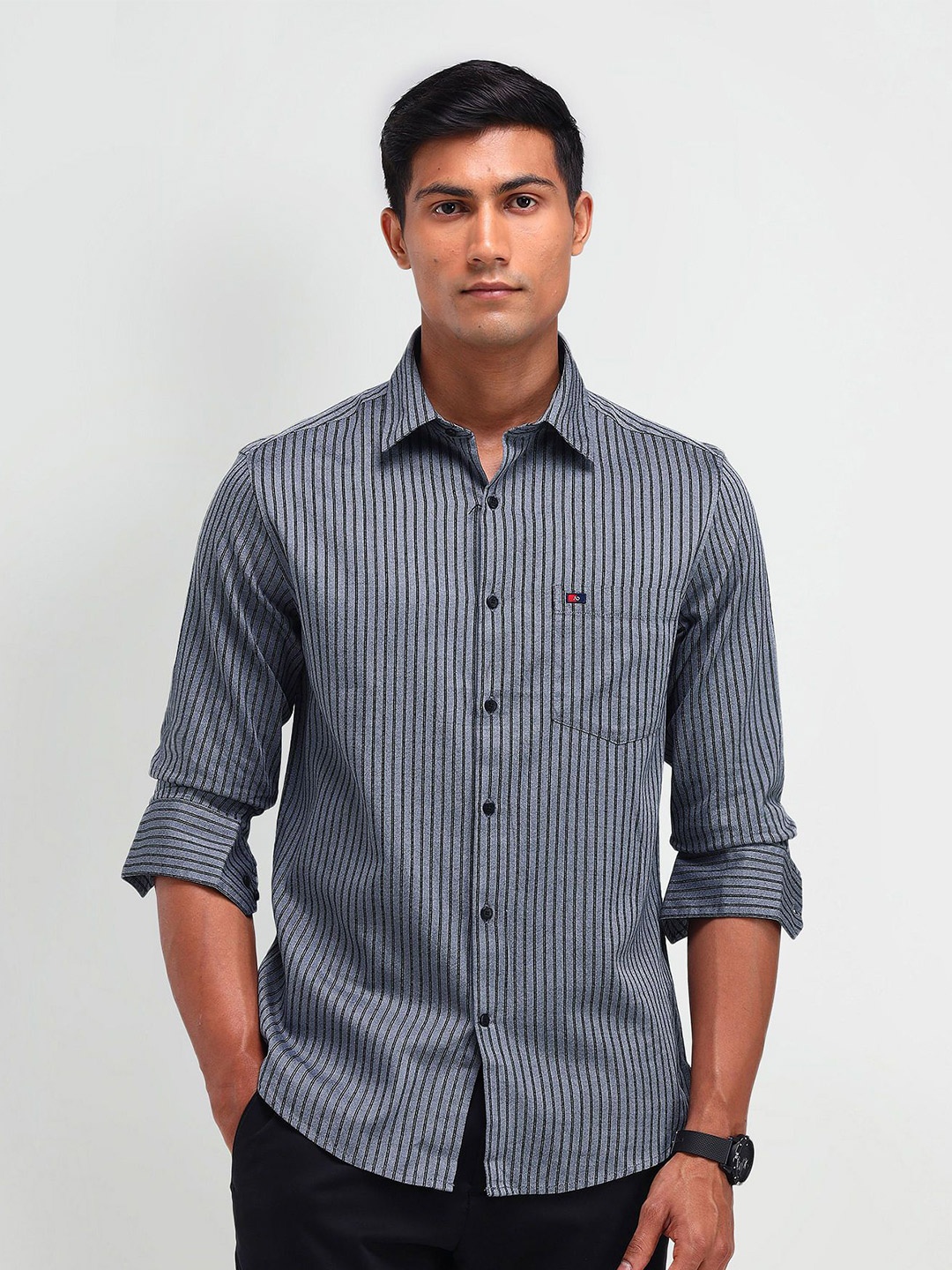 

AD By Arvind Men Spread Collar Pinstripes Striped Cotton Slim Fit Casual Shirt, Grey