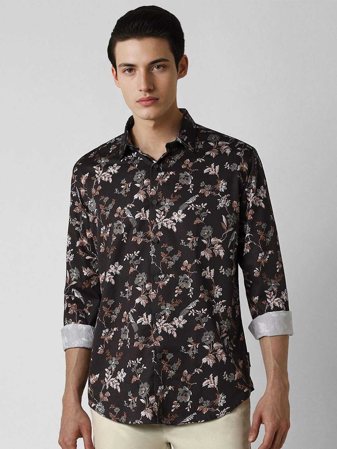 

V Dot Men Spread Collar Floral Printed Cotton Slim Fit Casual Shirt, Brown