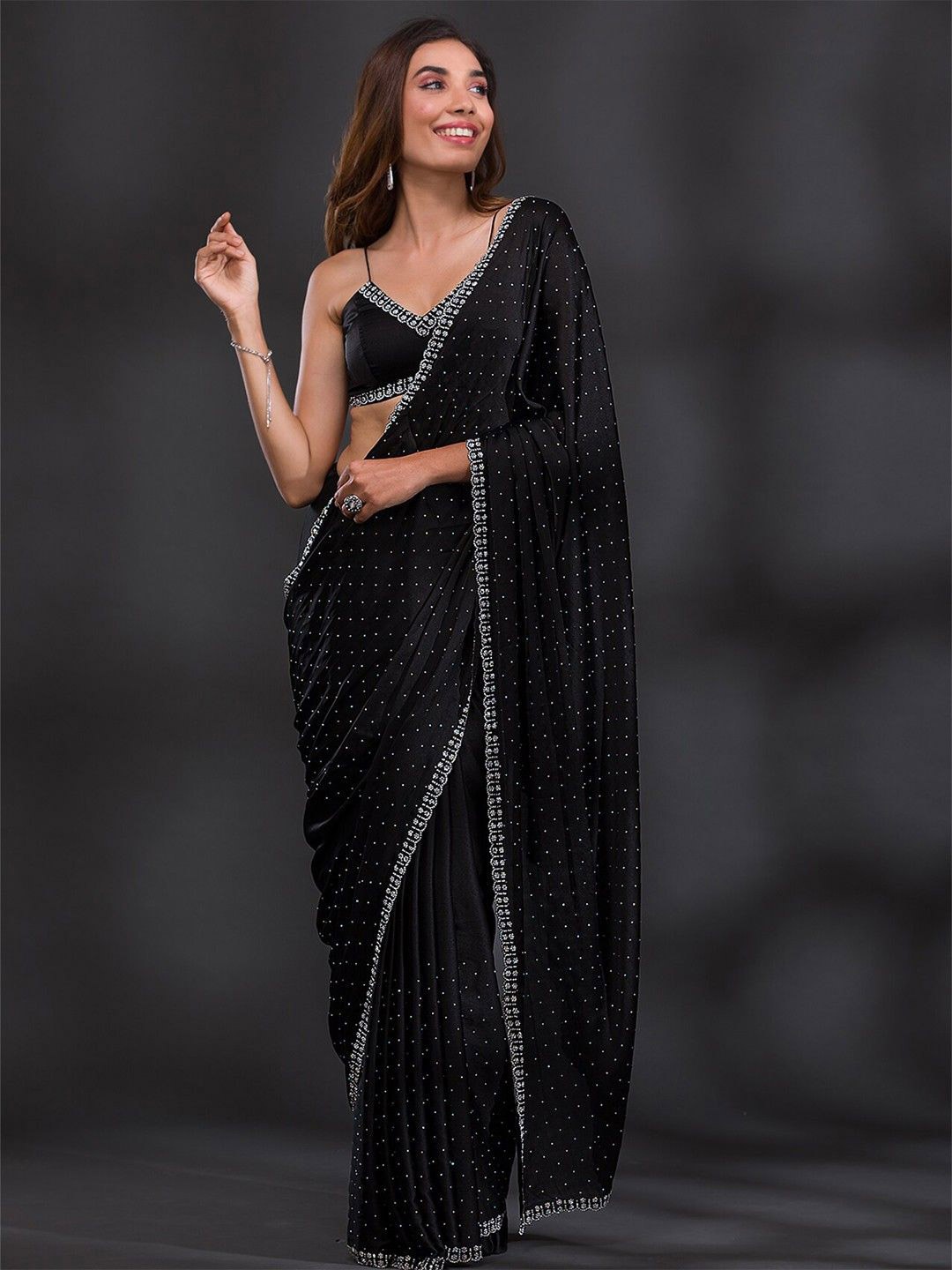 

Trendmalls Embellished Beads and Stones Poly Georgette Heavy Work Saree, Black