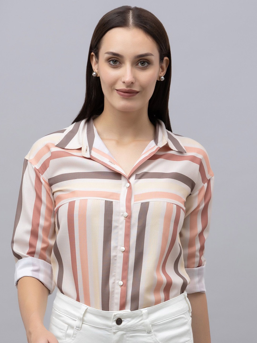 

PURYS Women Standard Spread Collar Vertical Striped Casual Shirt, Beige