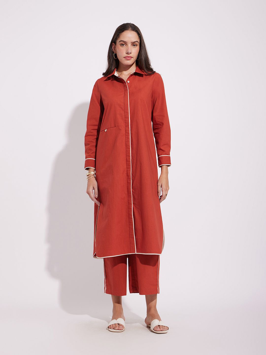 

Pink Fort Shirt Collar Pure Cotton Tunic With Trouser, Rust