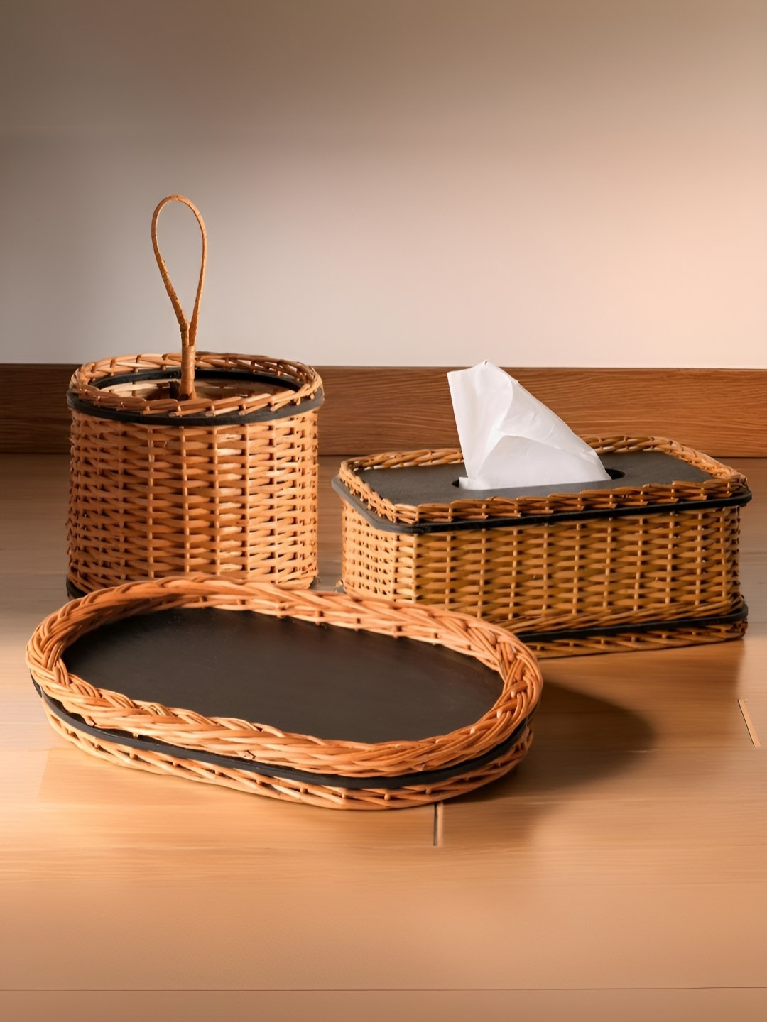 

Peepul Tree Piece of 3 Wicker Serving Tray With Cutlery Holder & Tissue Box Combo, Brown