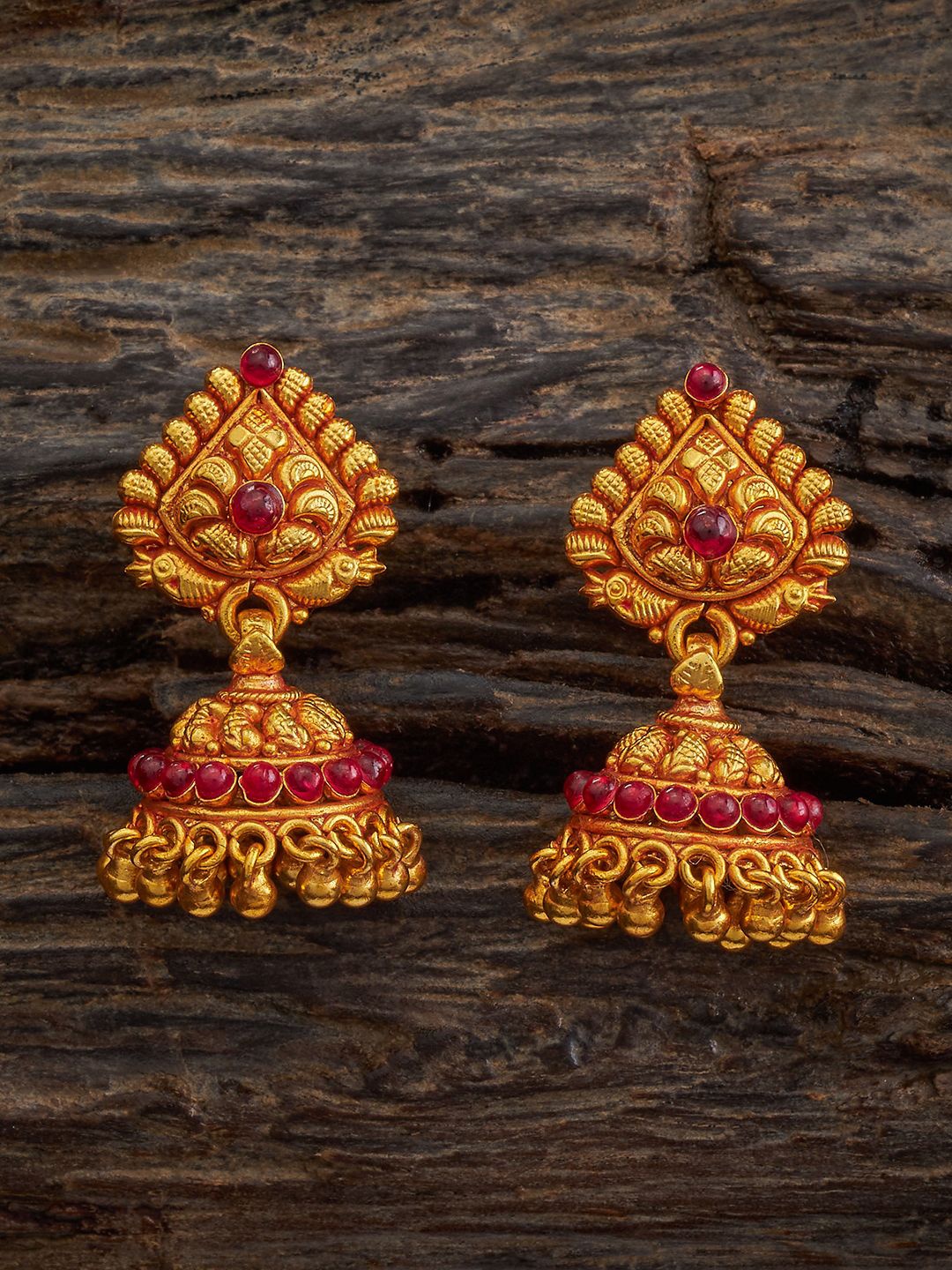 

Kushal's Fashion Jewellery 92.5 Pure Silver Stone Studded Dome Shaped Temple Jhumkas, Red