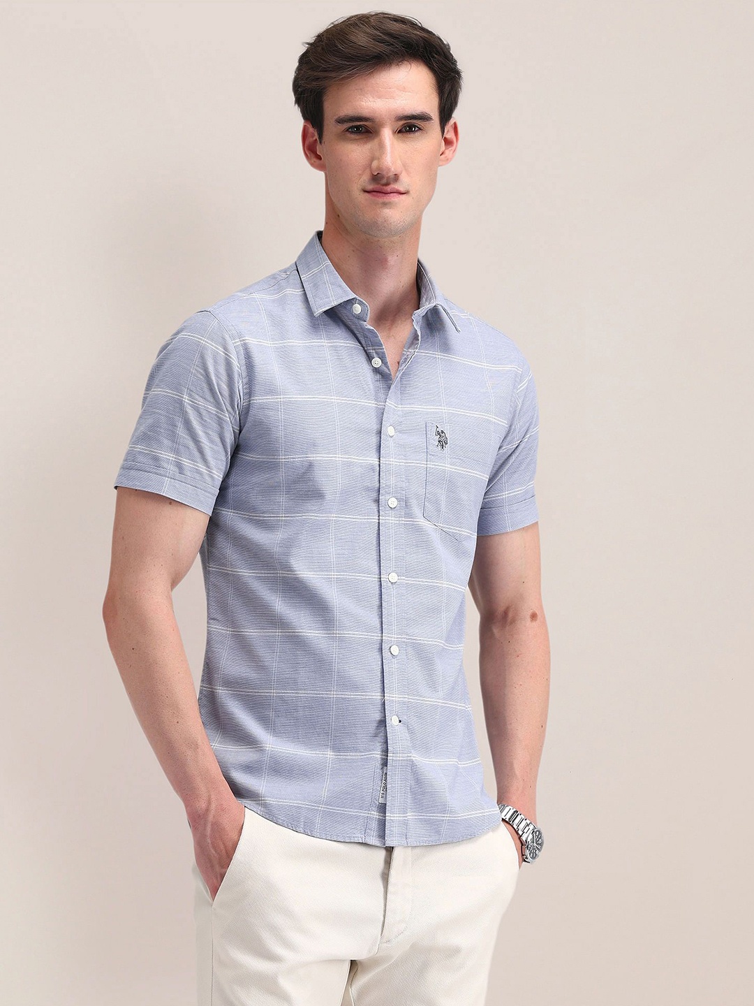 

U.S. Polo Assn. Men Classic Cutaway Collar Tartan Checked Cotton Formal Shirt, Blue