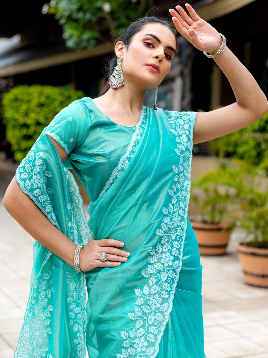 

Mitera Embroidered Net Saree With Blouse Piece, Blue
