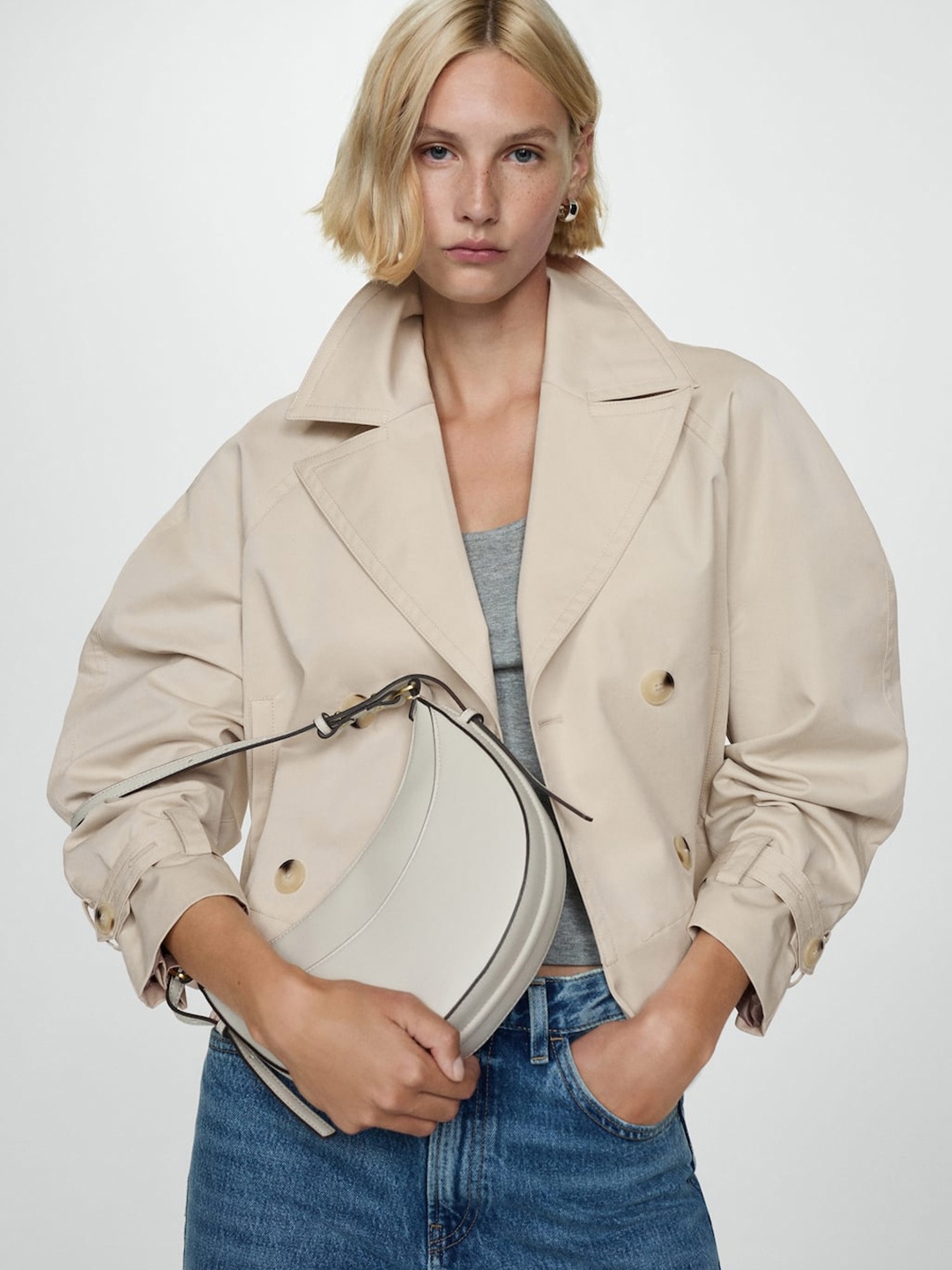 

MANGO Cropped Trench Coat, Beige