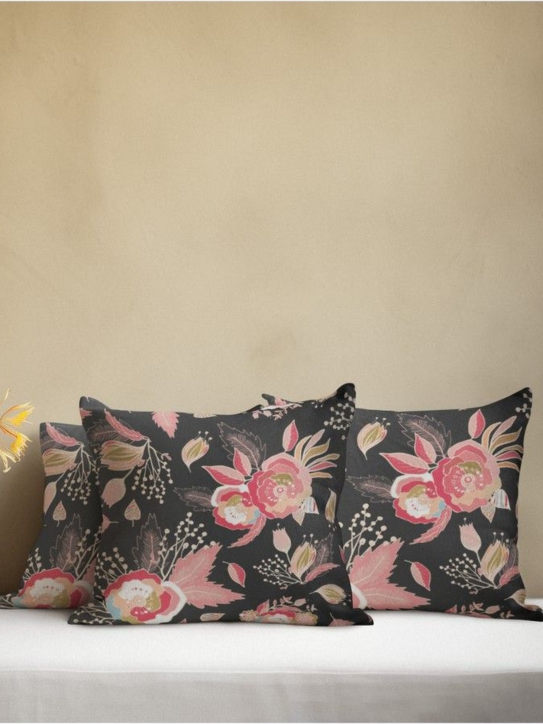 

THEYAYACAFE Black & Pink 3 Pieces Floral Velvet Square Cushion Covers