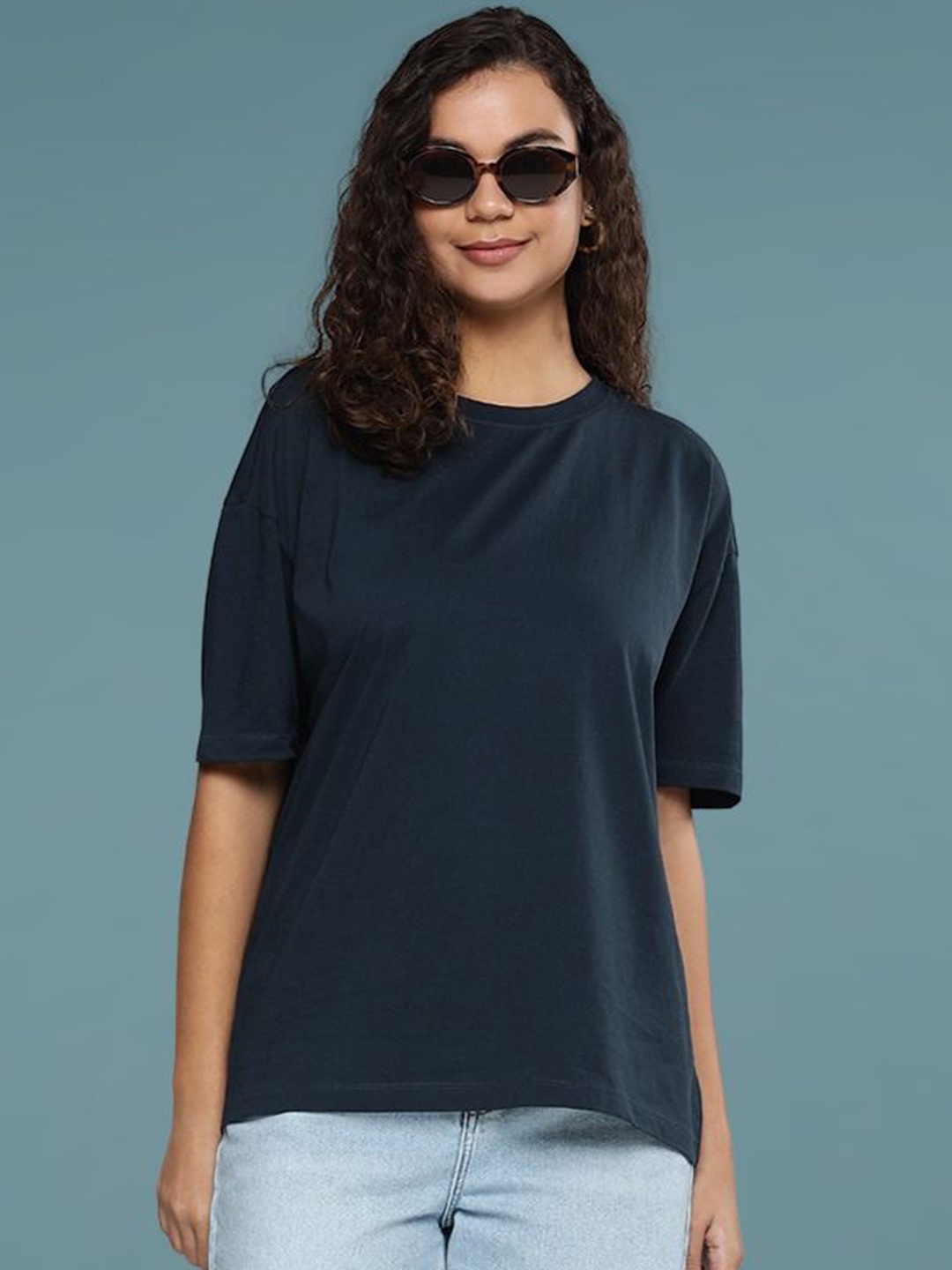 

DressBerry Women Solid Round Neck Cotton Oversized T-shirt, Navy blue