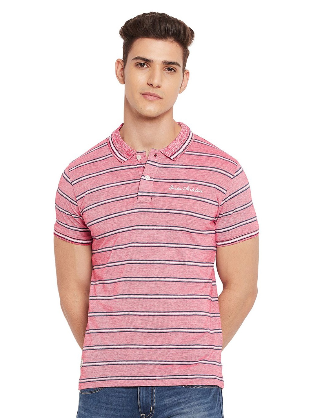 

Duke Men Striped Polo Collar Cotton T-shirt, Maroon