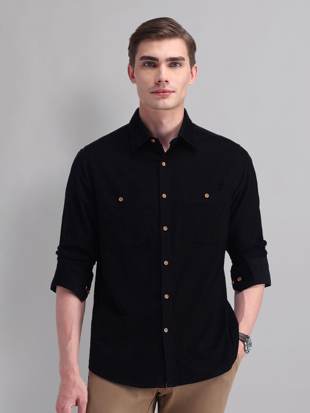 

AD By Arvind Men Spread Collar Solid Cotton Slim Fit Casual Shirt, Black