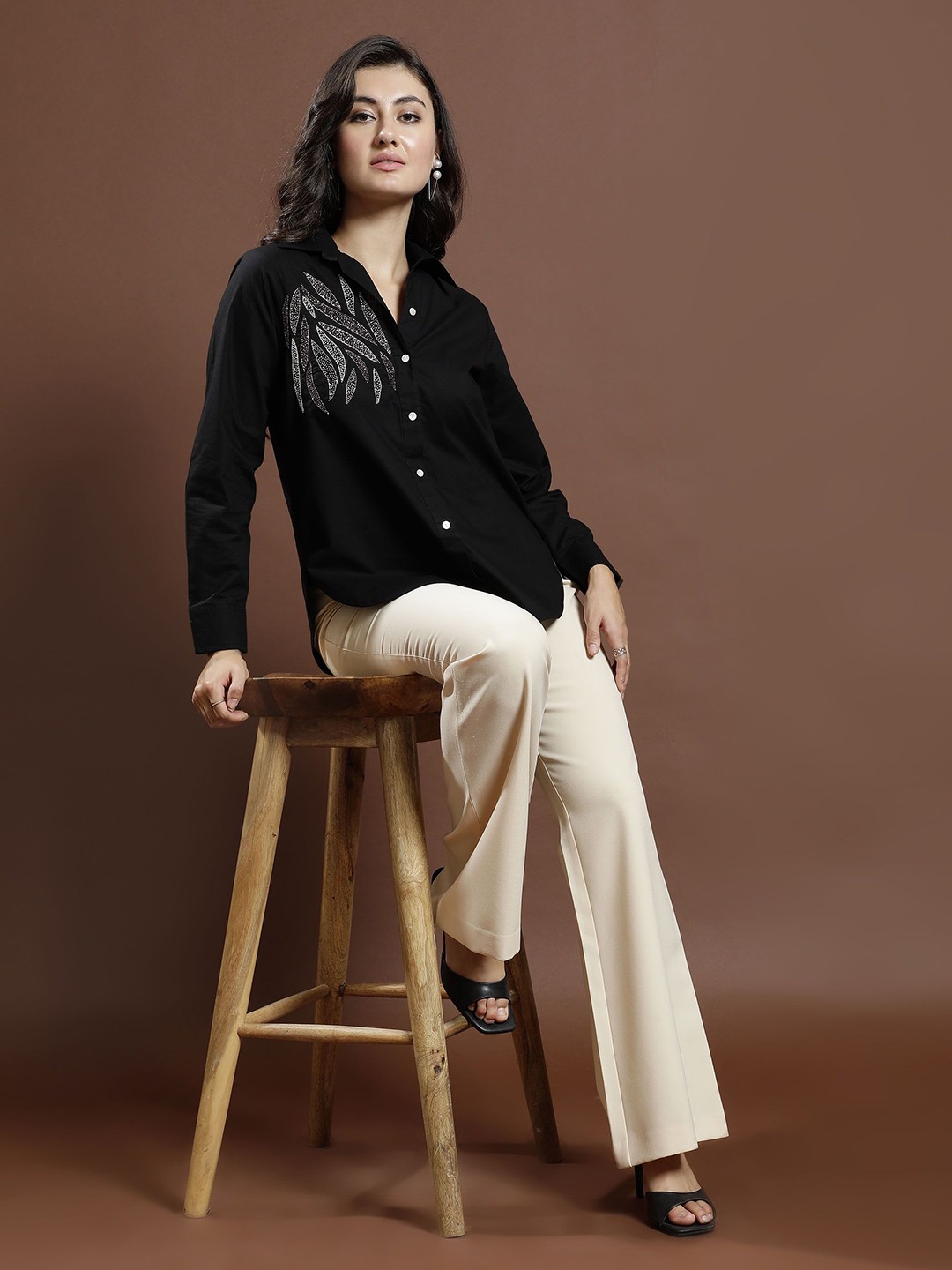 

Athena Women Embellished Shirt Collar Cotton Top, Black