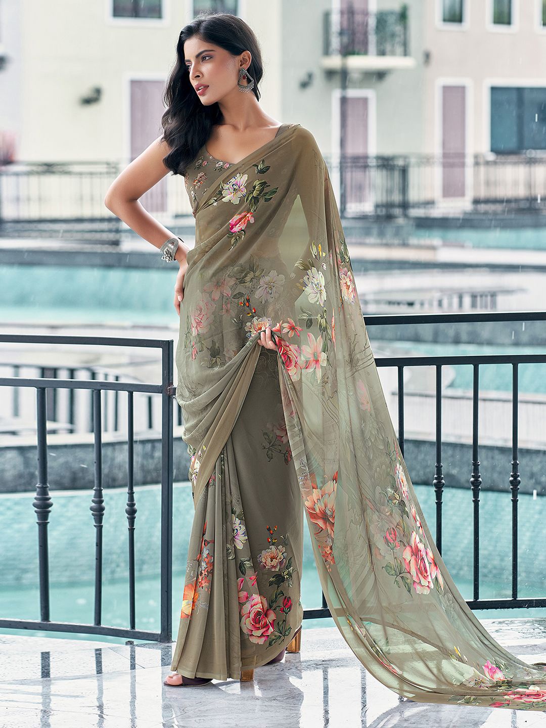

Mitera Floral Printed Pure Georgette Muga Saree, Green