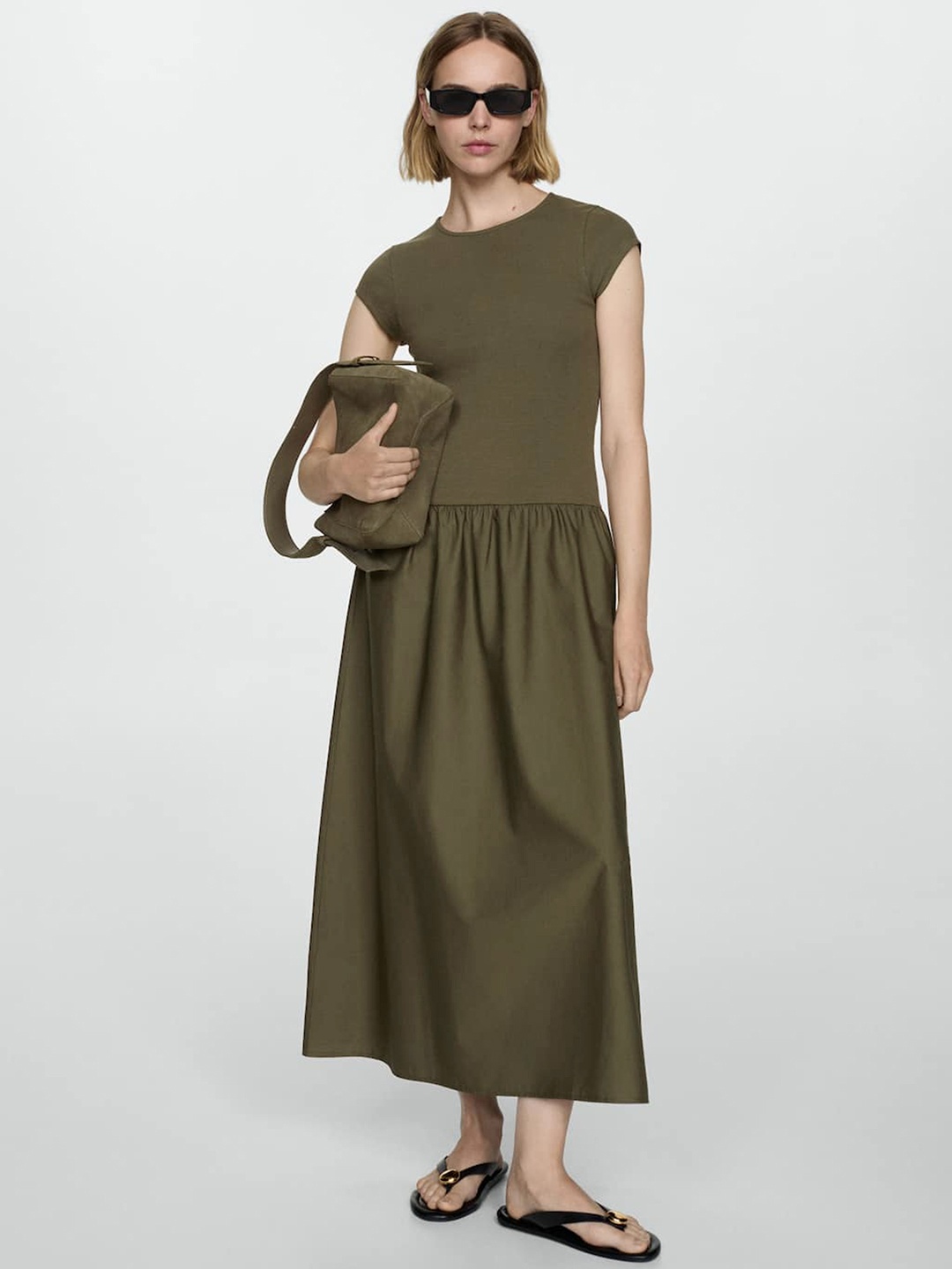 

MANGO Drop-Waist Gathered Midi Dress, Green