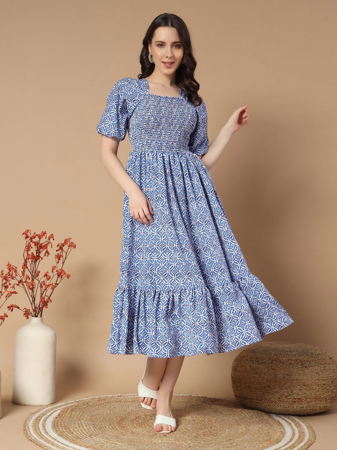 

ZWERLON Floral Print Puff Sleeve A-Line Midi Dress, Turquoise blue