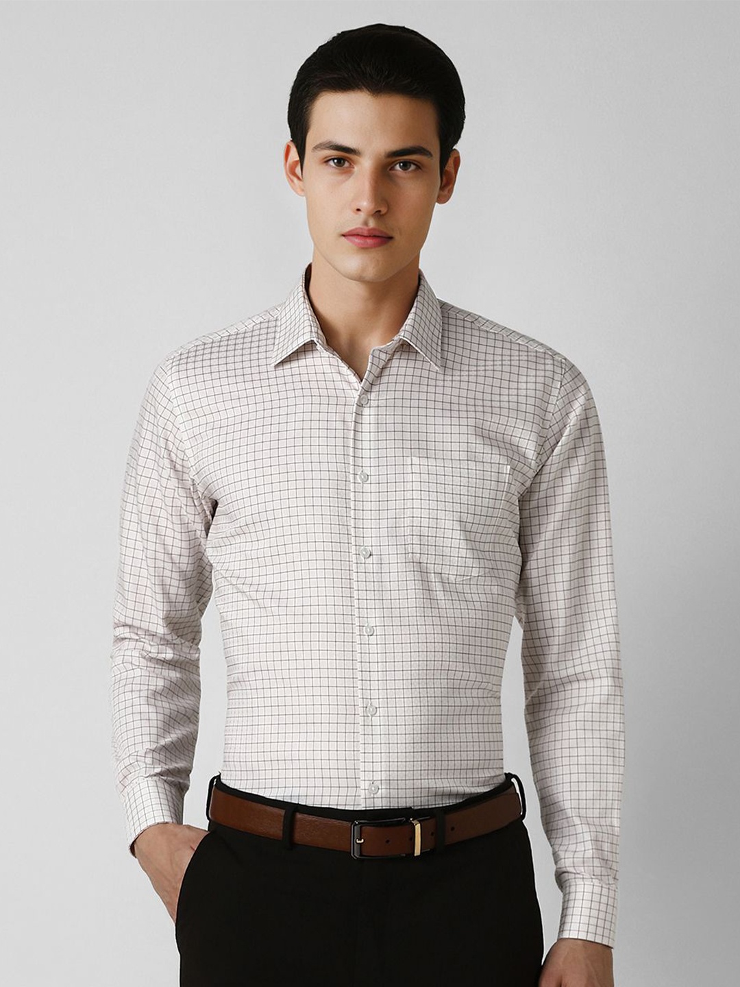 

Van Heusen Men Spread Collar Micro Checked Cotton Slim Fit Formal Shirt, Beige