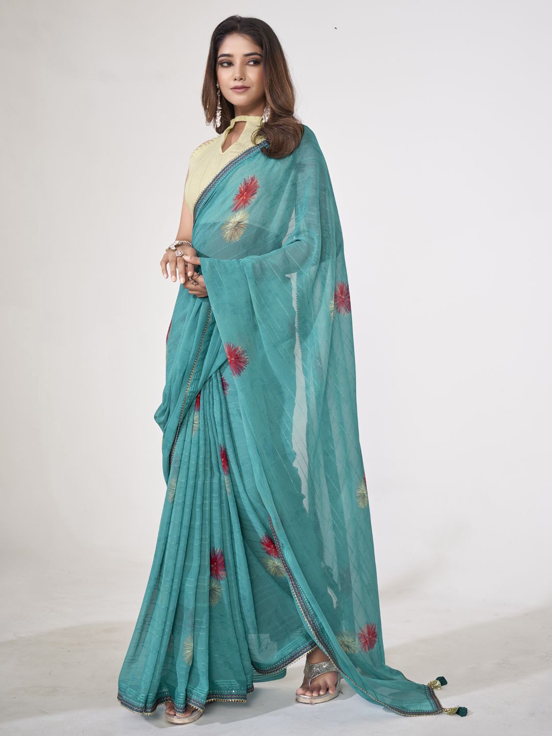 

CHUDIYA Floral Gotta Patti Pure Georgette Saree, Sea green