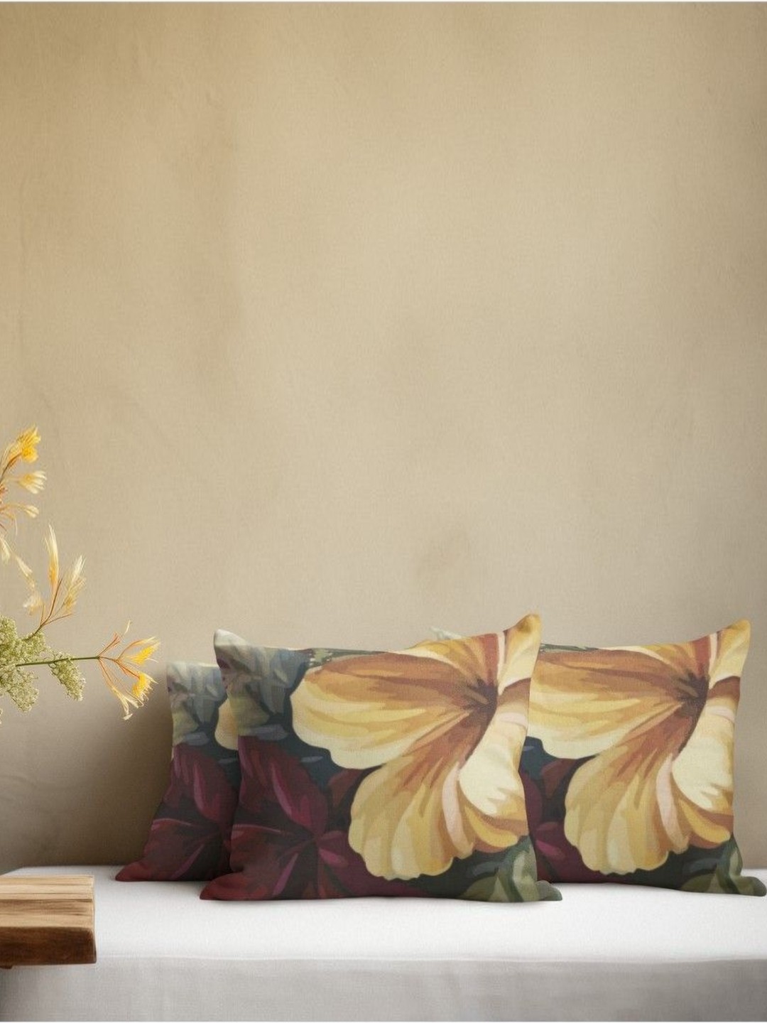 

THEYAYACAFE Maroon & Mustard 3 Pieces Floral Velvet Square Cushion Covers