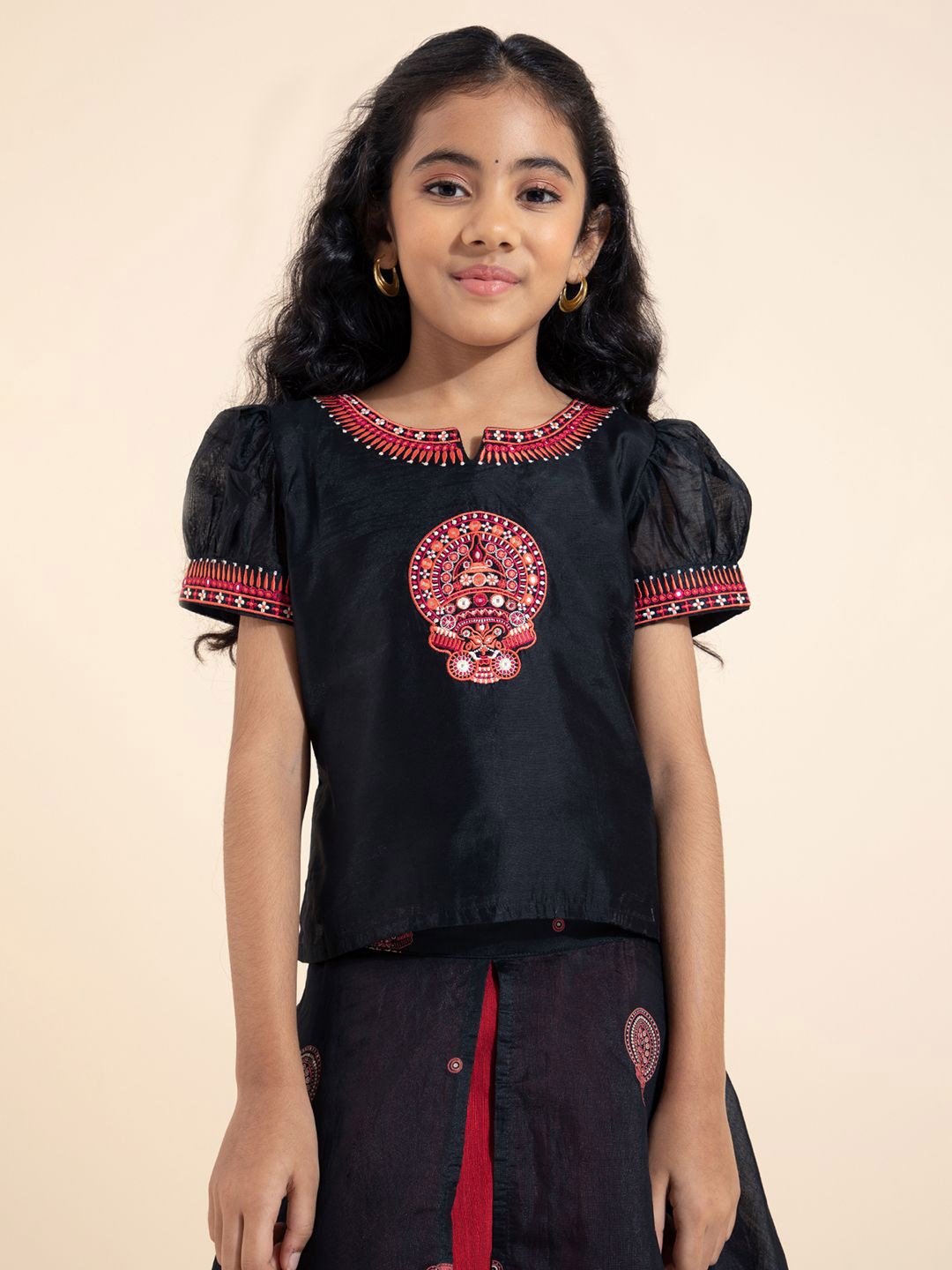 

Maybell Girls Embroidered Thread Work Ready to Wear Lehenga & Blouse, Black