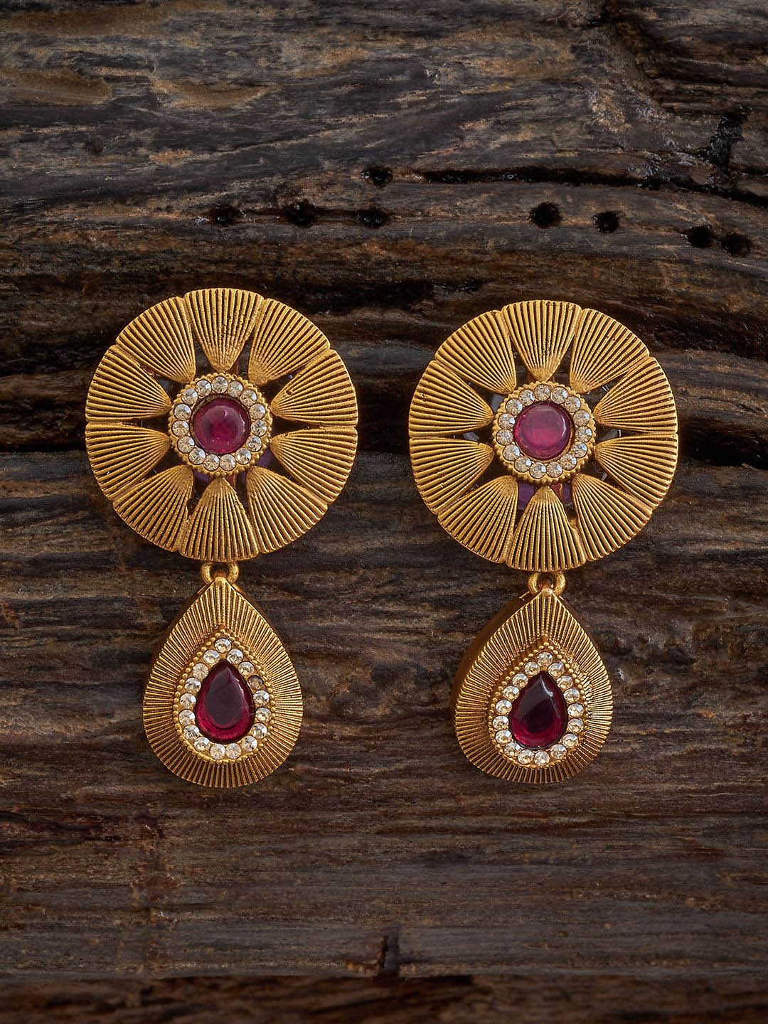 

Kushal's Fashion Jewellery Gold-Plated Cubic Zirconia Studded Oval Antique Drop Earrings, Red