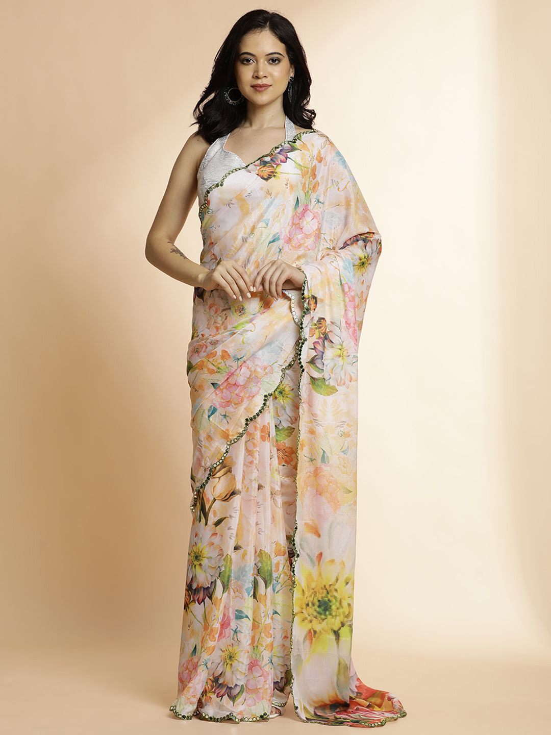 

Jaipur Kurti Floral Mirror Work Pure Georgette Saree, White