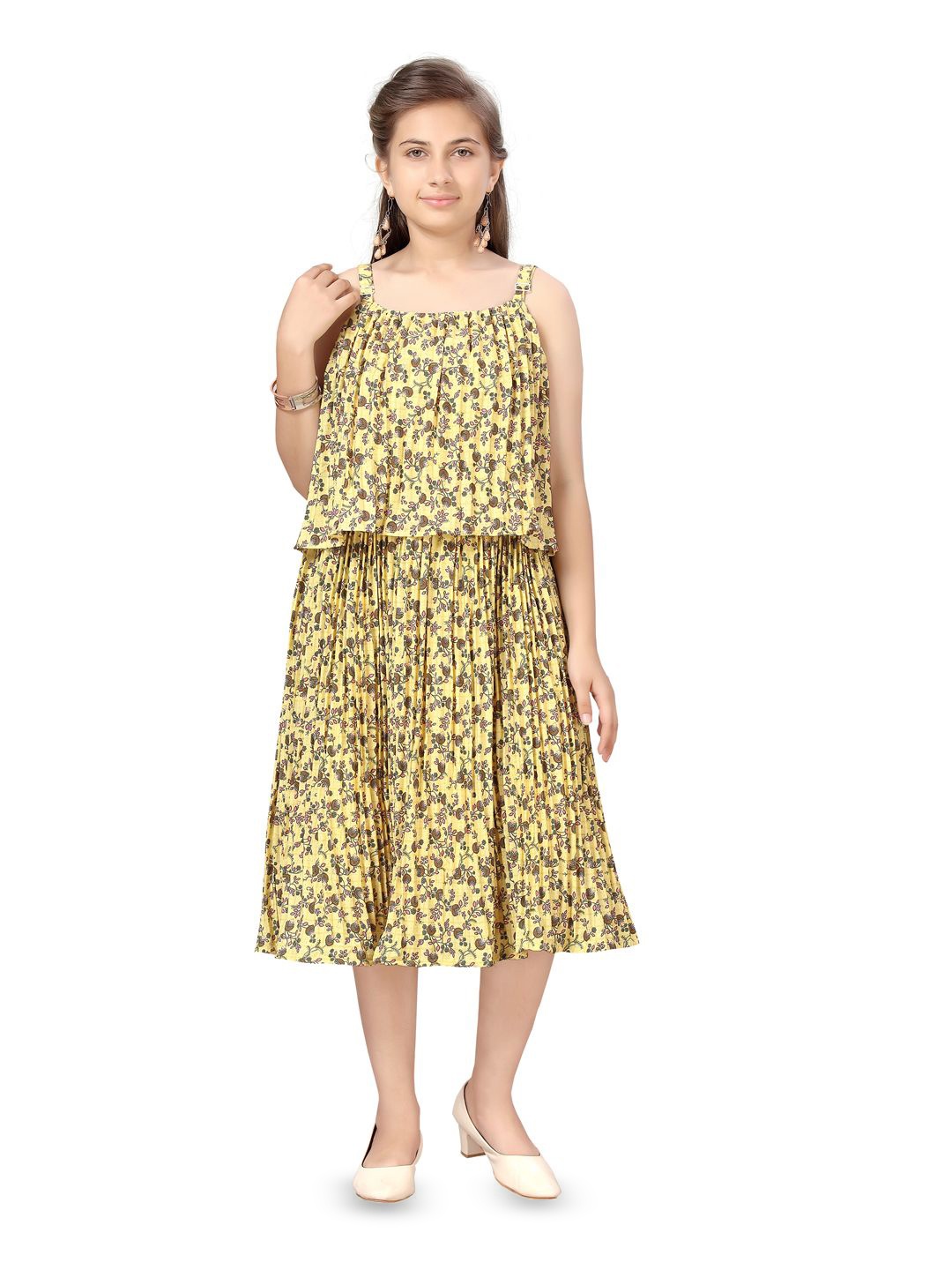 

BAESD Floral Print Georgette A-Line Midi Dress, Yellow