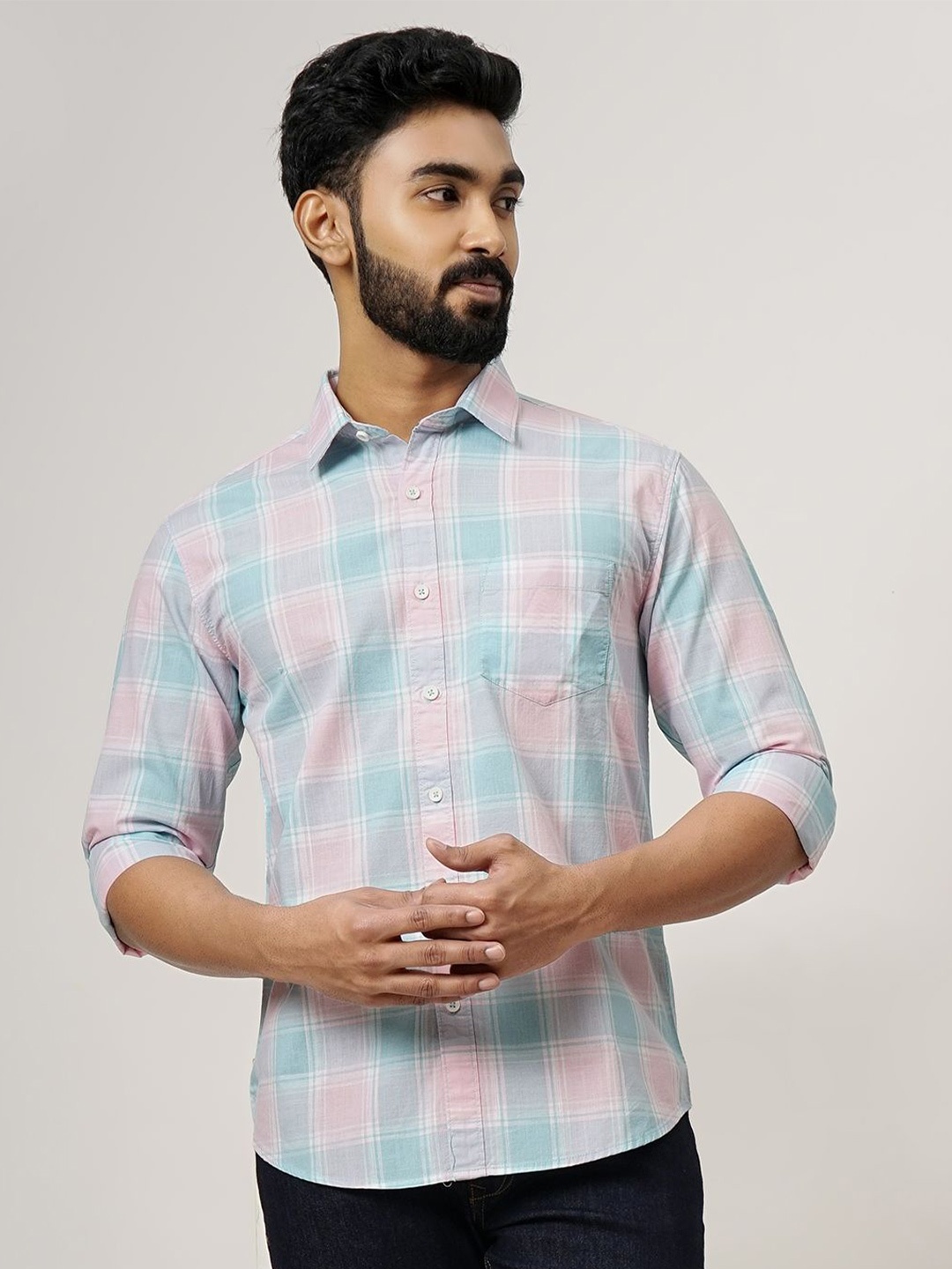 

Greenfibre Men Cutaway Collar Checked Cotton Slim Fit Casual Shirt, Pink