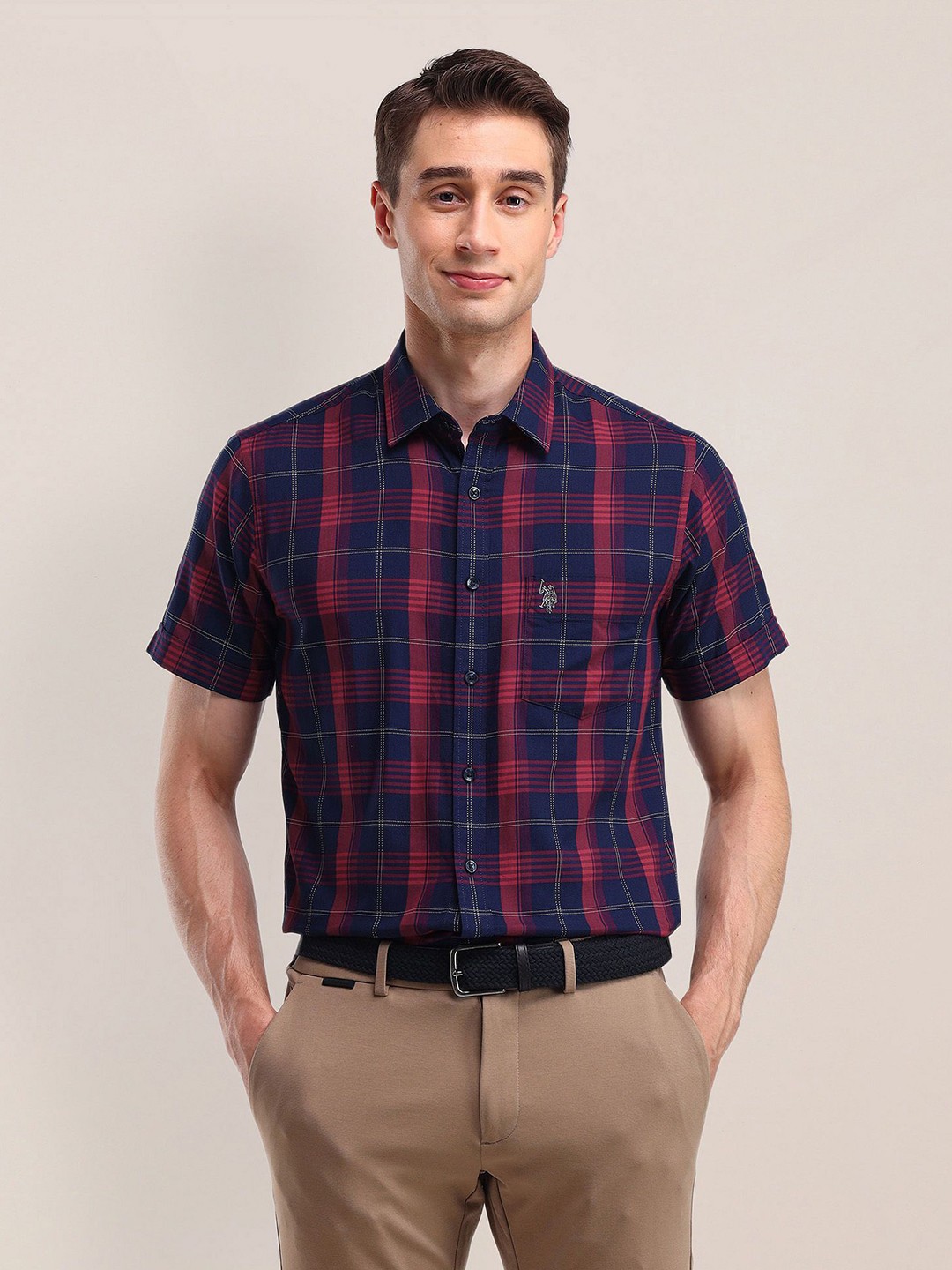 

U.S. Polo Assn. Men Classic Cutaway Collar Tartan Checked Cotton Formal Shirt, Red