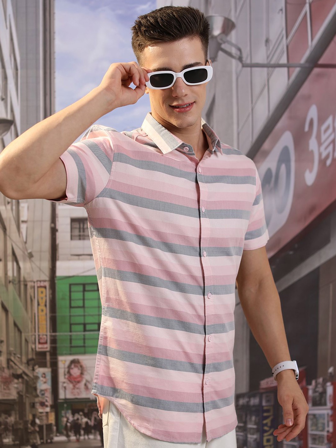

Highlander Men Striped Slim Fit Checked Shirt, Pink