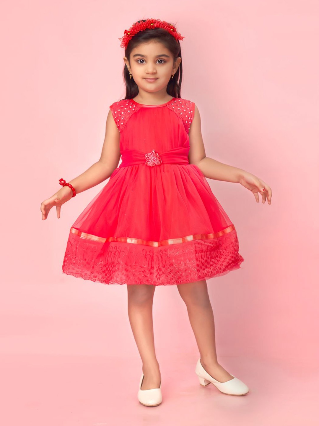 

BAESD Embellished Print Net Fit & Flare Dress, Pink