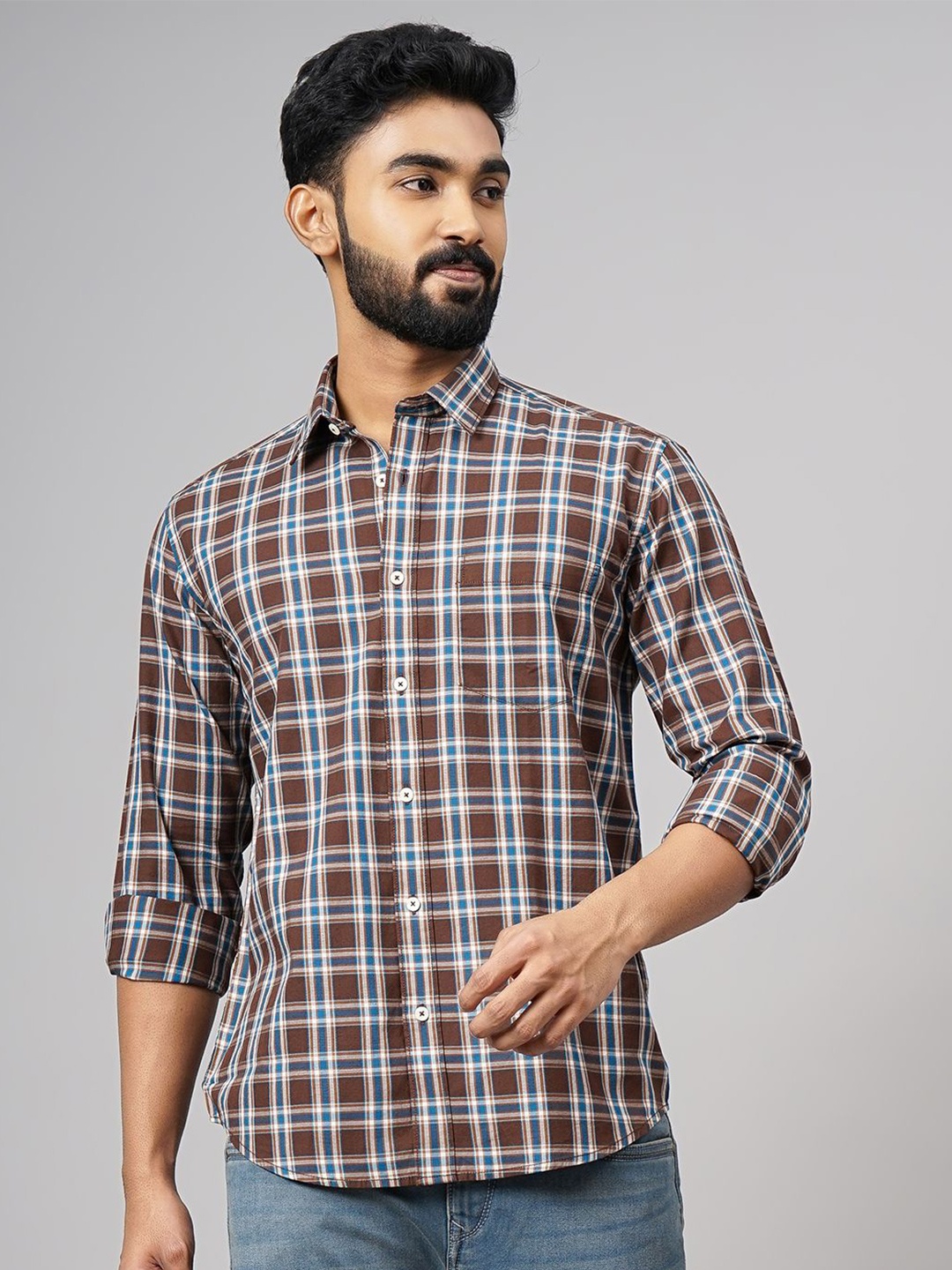 

Greenfibre Men Checked Cotton Casual Shirt, Brown