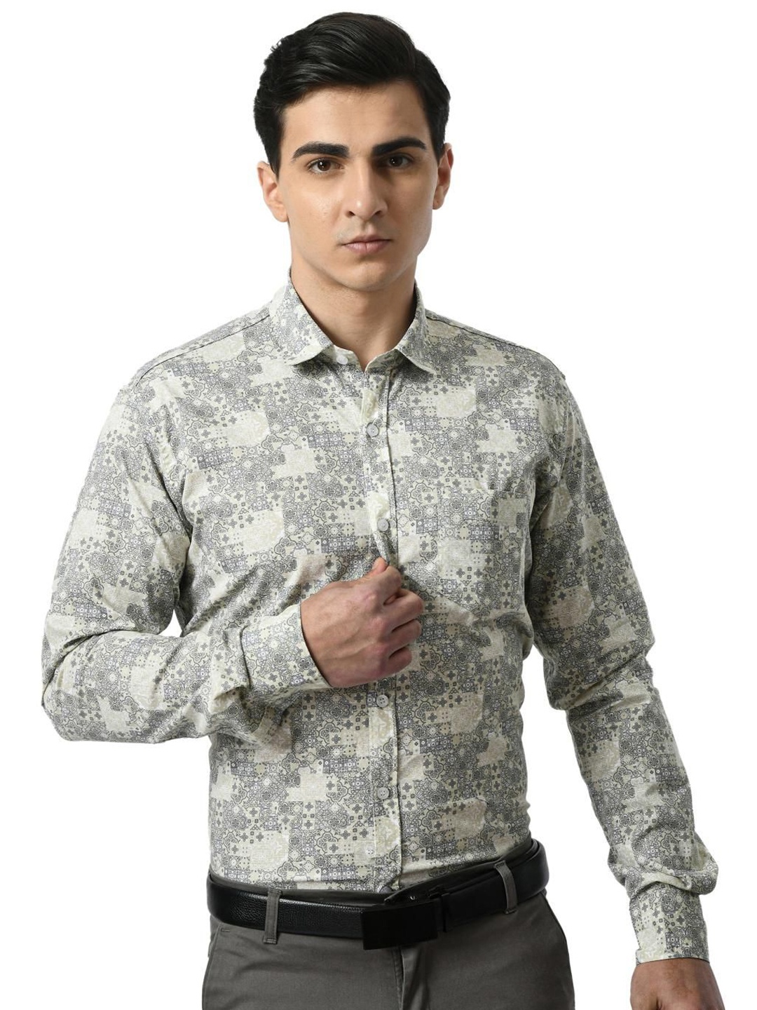 

PEBCO Men Classic Spread Collar Abstract Printed Cotton Slim Fit Casual Shirt, Green