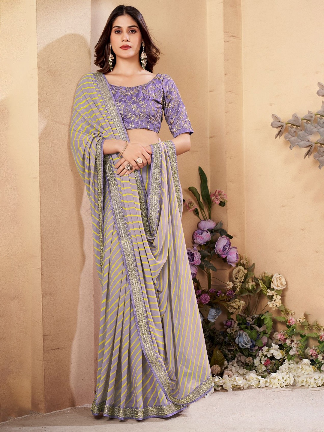 

CHUDIYA Leheriya Sequinned Pure Georgette Saree, Lavender