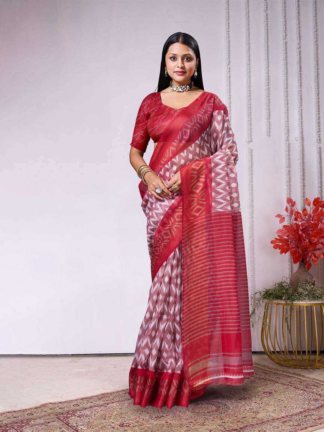

Mitera Pure Cotton Ikat Saree, Red