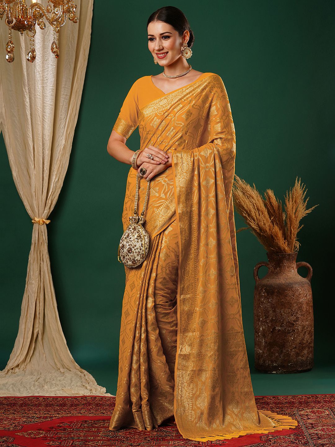 

Satrani Woven Design Zari Pure Georgette Saree, Yellow