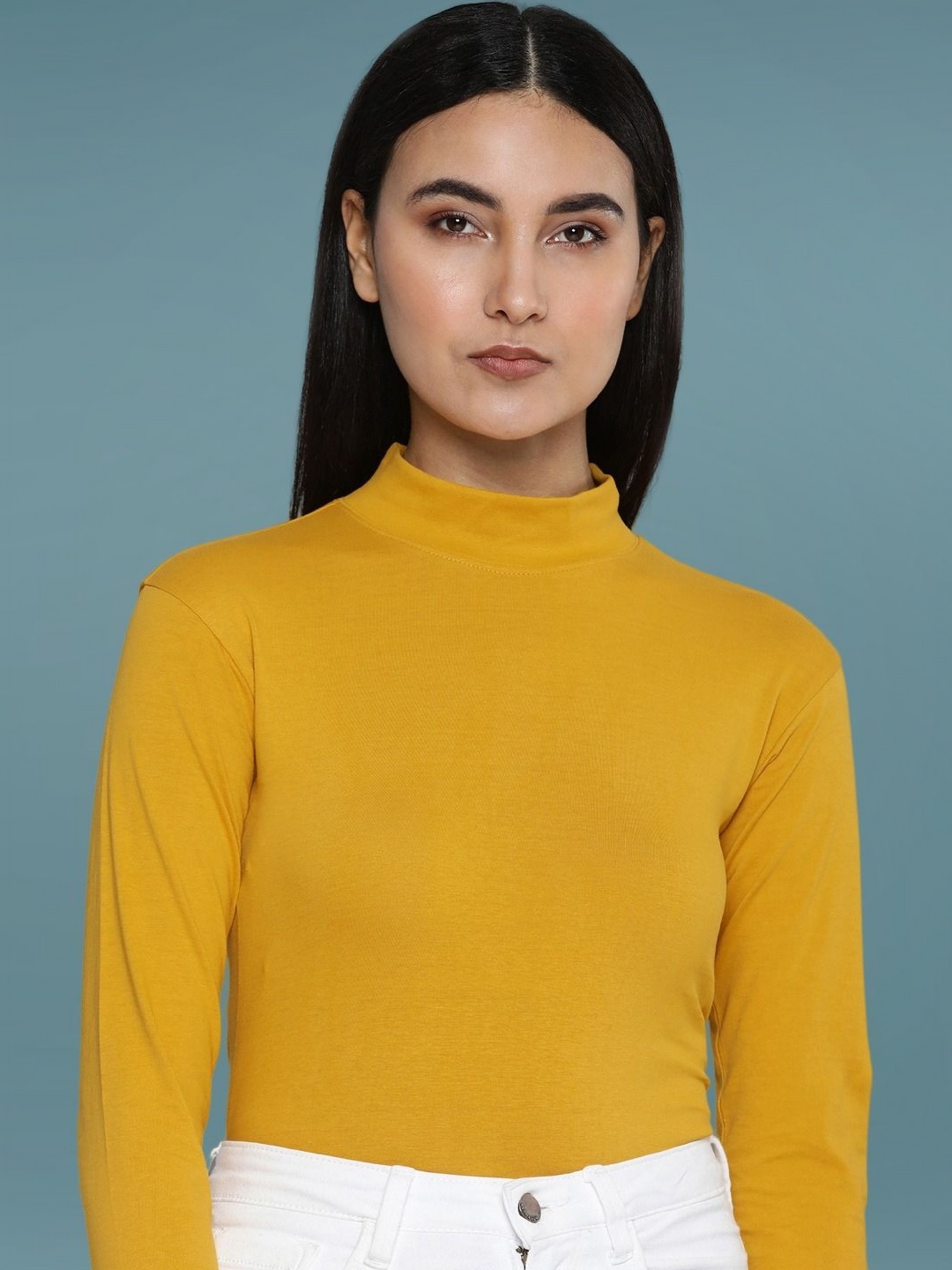 

DressBerry Women Solid High Neck Cotton Slim Fit T-shirt, Yellow