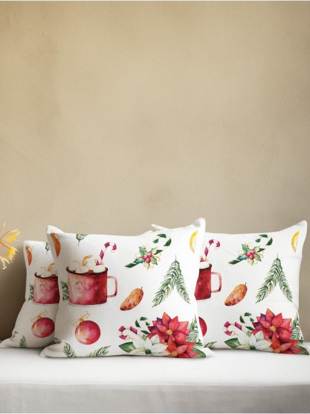 

THEYAYACAFE White & Red 3 Pieces Floral Printed Velvet Square Cushion Covers