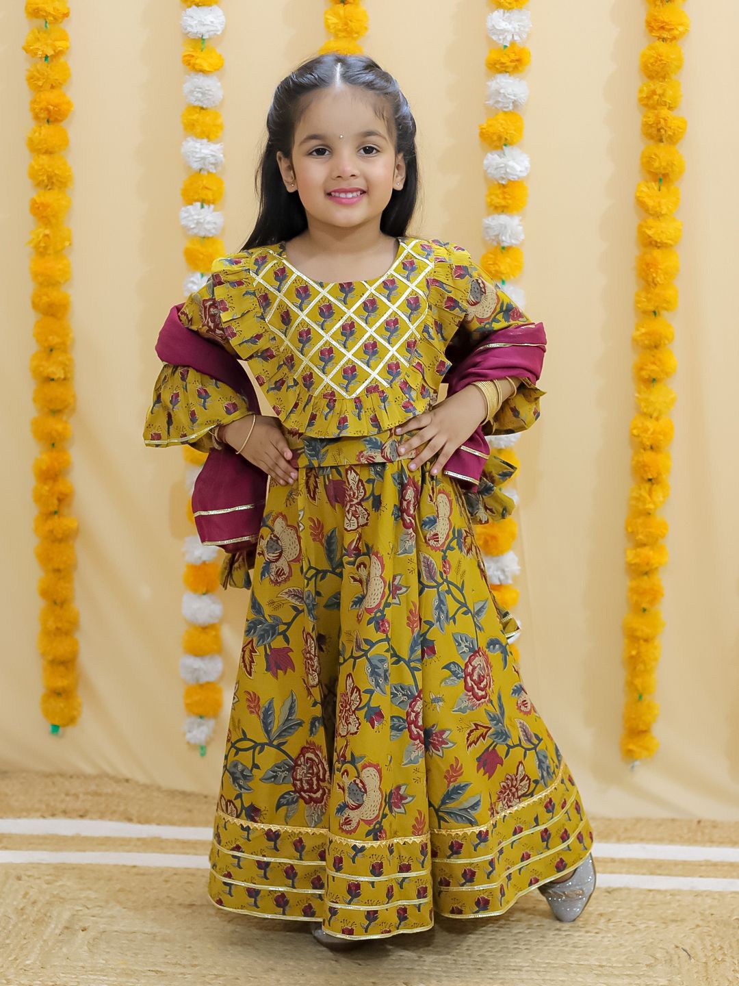 

UNBIND Girls Printed Ready to Wear Lehenga & Blouse With Dupatta, Mustard
