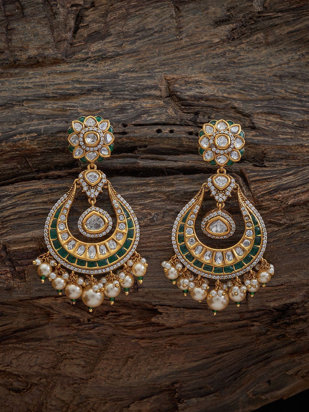 

Kushal's Fashion Jewellery Gold-Plated Crescent Shaped Drop Kundan Earring, Green
