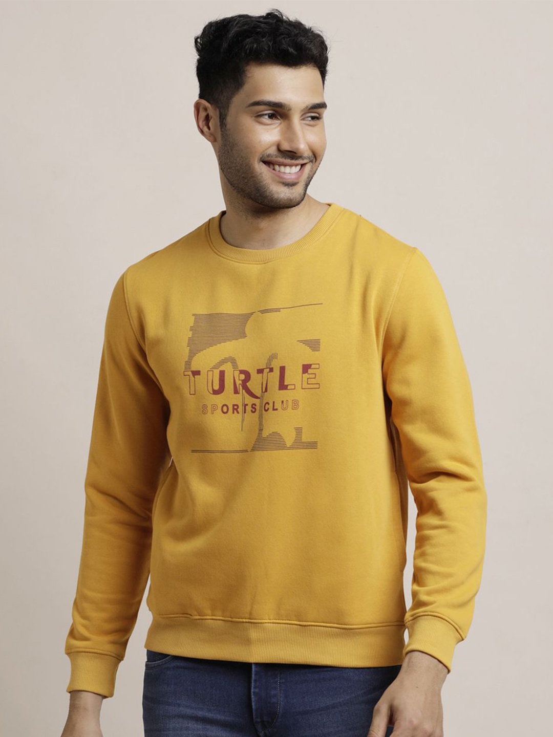 

Turtle Men Typography Printed Round Neck Sweatshirt, Yellow